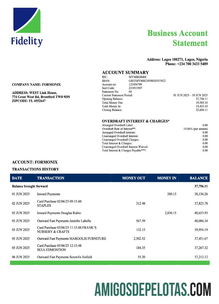 Imprimível Nigeria Fidelity Bank Enterprise modelo de extrato de conta Word e PDF